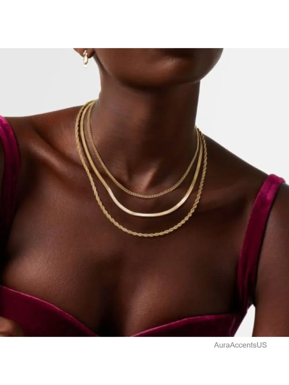 14k Gold Plated Layered Necklace Set for Women, 3 Chain Choker Stack